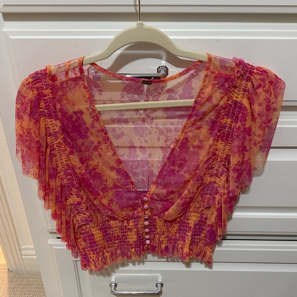 Free People Floral Sheer Pink and Orange Women's Top
